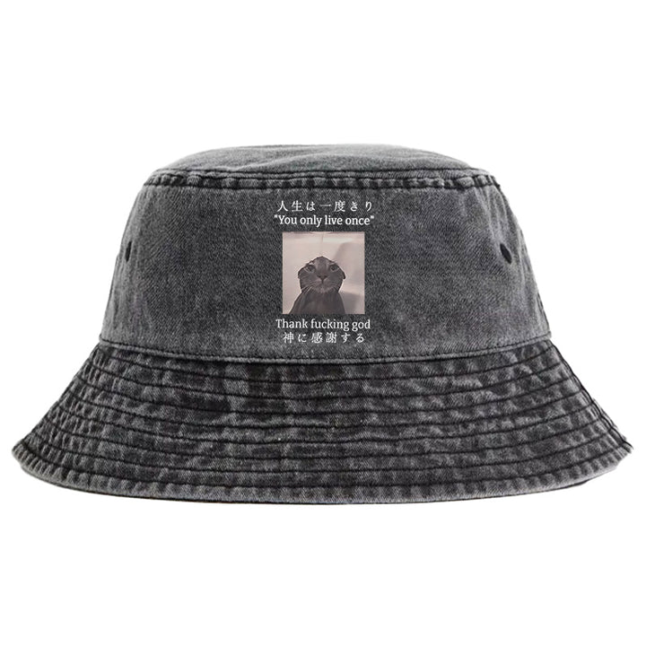 Funny Melancholy Cat Washed Bucket Hat