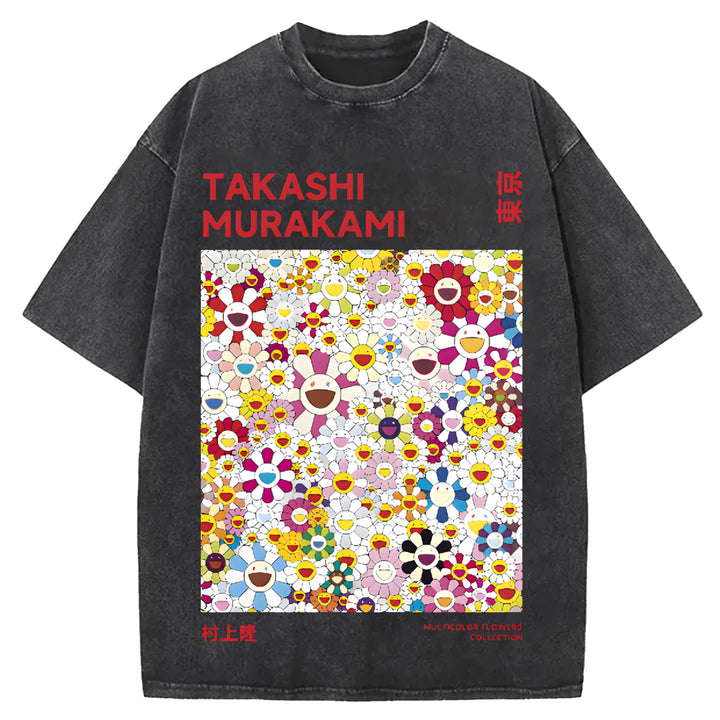 Flower TM Vintage Japanese Design Washed Crew Neck T-Shirt