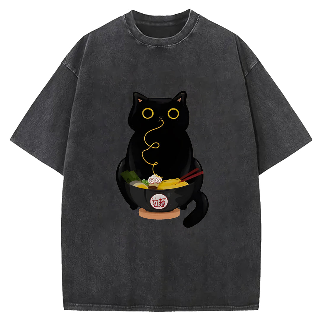 Black Cat Eating Ramen Washed Crew Neck T-Shirt