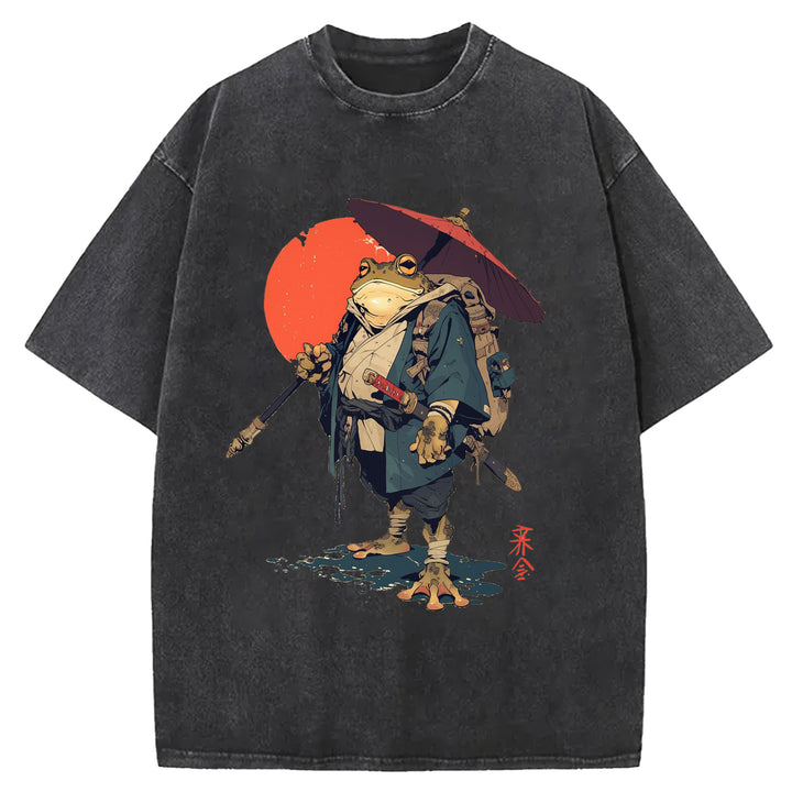 Japanese Frog Samurai Round Neck Washed T-Shirt