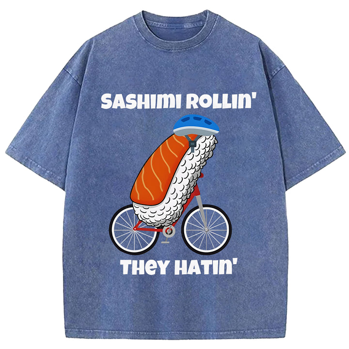 SASHIMI ROLLIN THEY HATIN Washed Crew Neck T-shirt