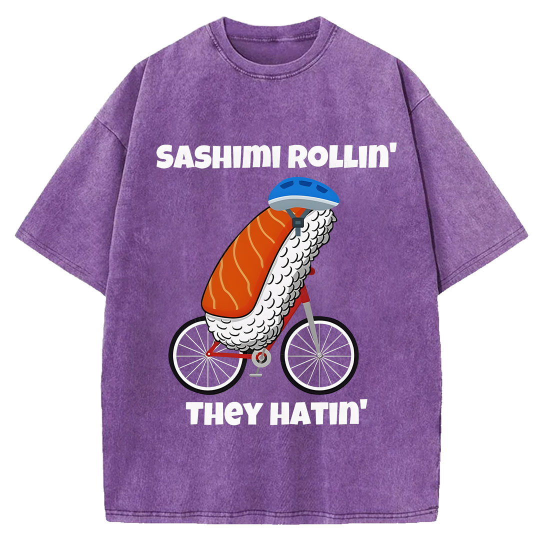 SASHIMI ROLLIN THEY HATIN Washed Crew Neck T-shirt