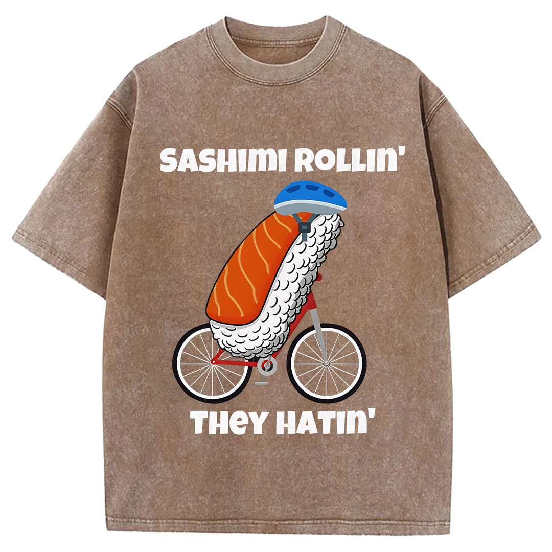 SASHIMI ROLLIN THEY HATIN Washed Crew Neck T-shirt