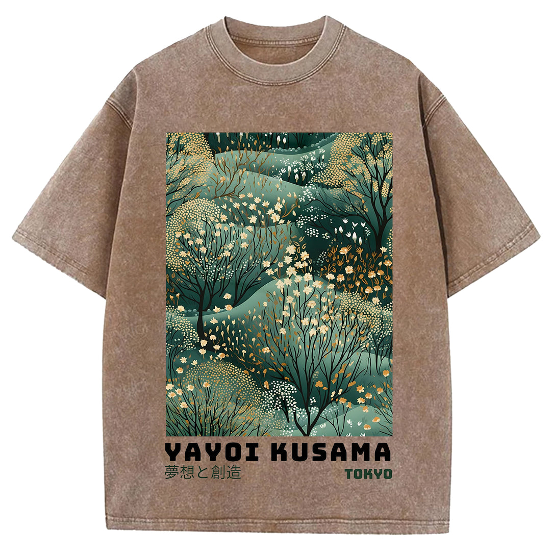 Yayoi Kusama Vintage Design Washed Crew Neck T-Shirt