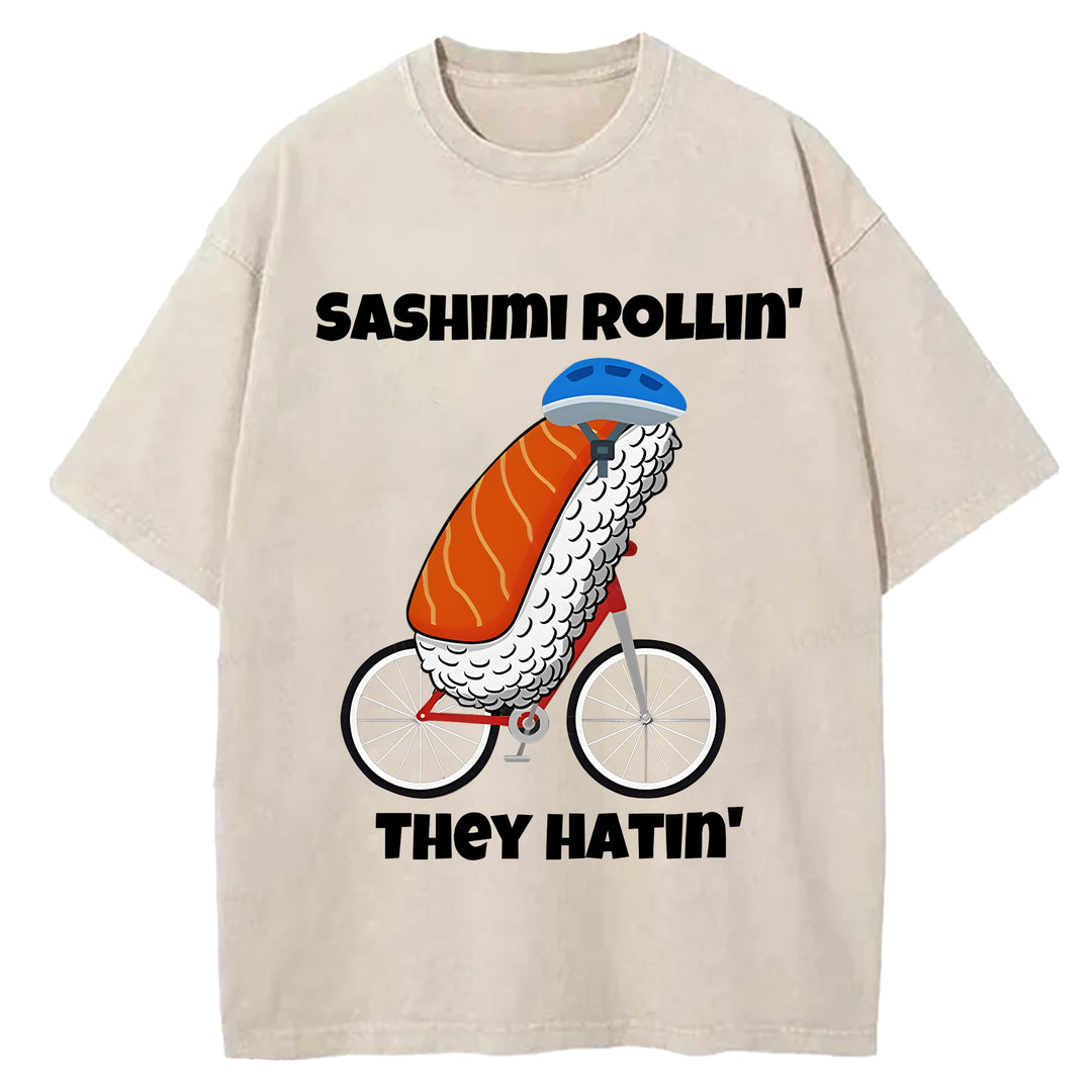 SASHIMI ROLLIN THEY HATIN Washed Crew Neck T-shirt
