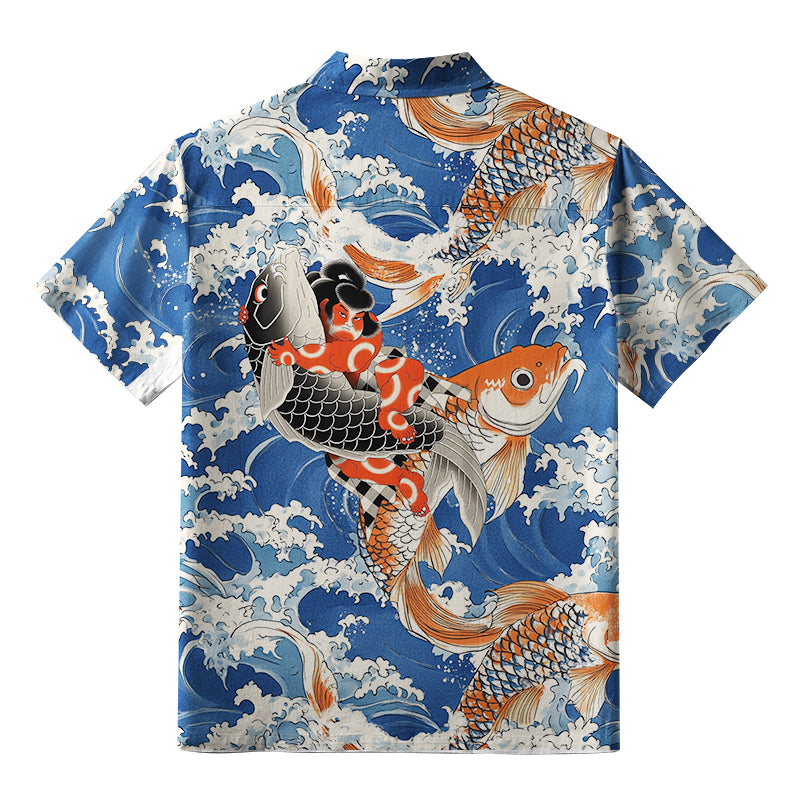 Sumo Wrestler Holding A Koi Button-up Shirt