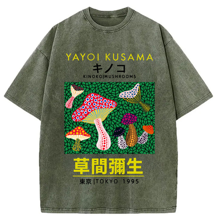 Yayoi Kusama Spotted Mushroom Vintage Washed Crew Neck T-Shirt