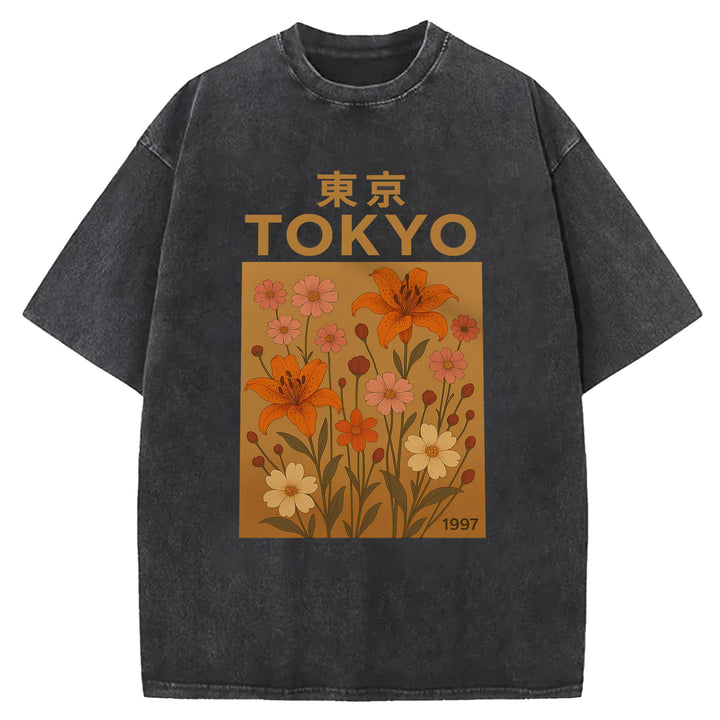 Tokyo Flowers Design Washed Crew Neck T-Shirt