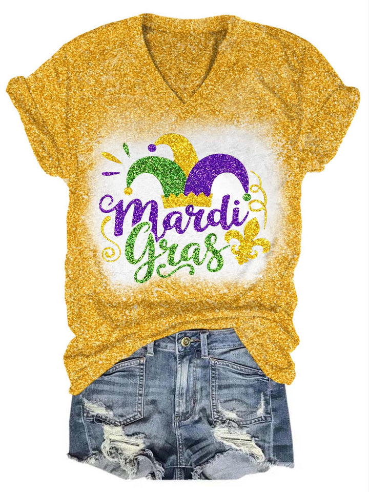 Mardi Gras Fat Tuesday Glitter V-Neck T-Shirt