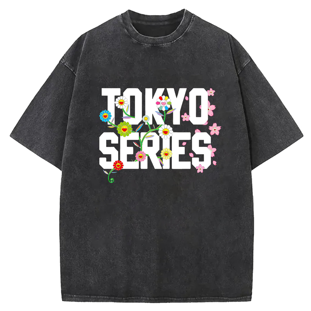Tokyo Series Vintage Design Washed Crew Neck T-Shirt
