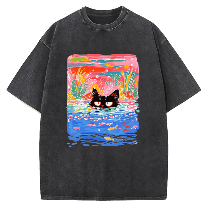 Artistic Cat Design Washed Crew Neck T-Shirt