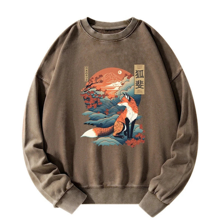 Japanese Kitsune Fox Sakura Washed Sweatshirt
