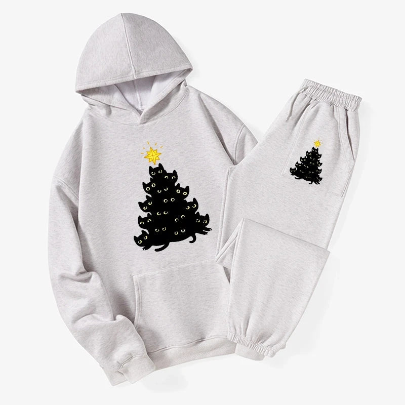 Black Cat Christmas Tree Fleece Lined Hoodie Set