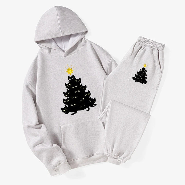 Black Cat Christmas Tree Fleece Lined Hoodie Set