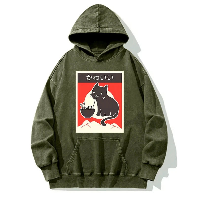 Kawaii Vintage Ramen Cat Washed Hoodie