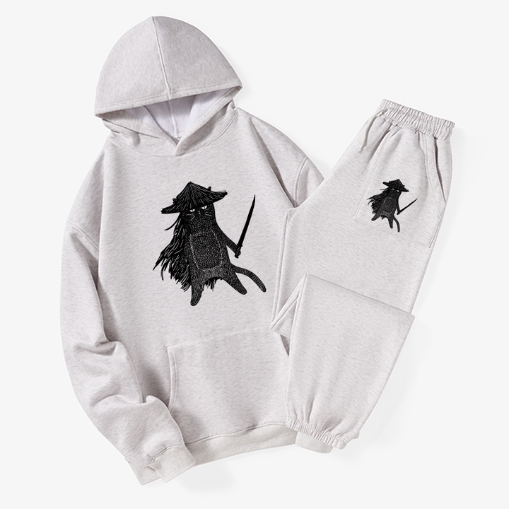 Japanese Samurai Cat Fleece Lined Hoodie Set