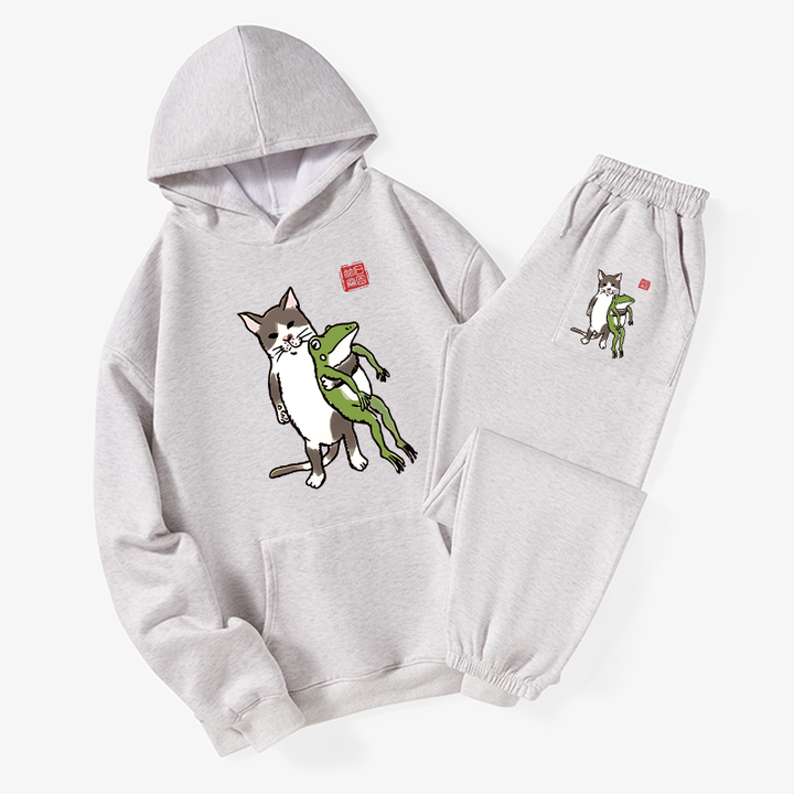 Cat Holding A Frog Fleece Lined Hoodie Set