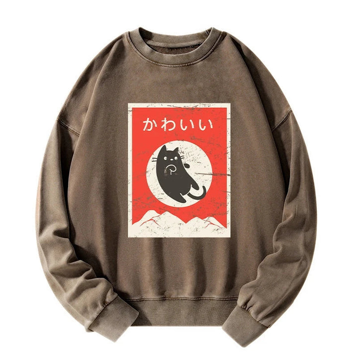 Cute Black Cat Japanese Washed Sweatshirt