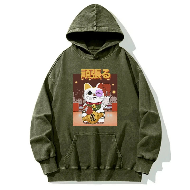 Fighting Cat Boxing Washed Hoodie