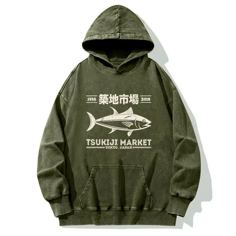 Retro Tsukiji Fish Market Streetwear Tokyo Washed Hoodie