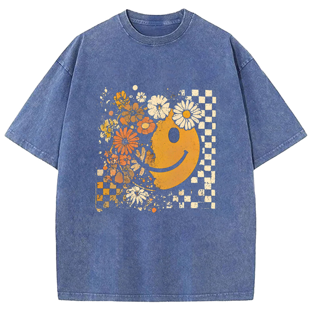 Smiley Face Floral Washed Crew Neck T-shirt
