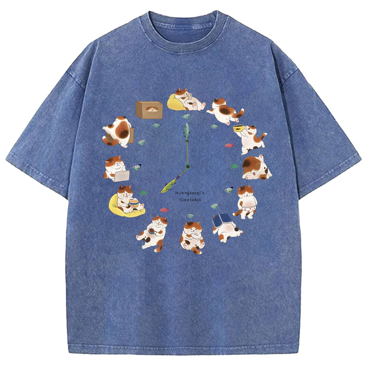 Cat Timetable Washed Crew Neck T-Shirt