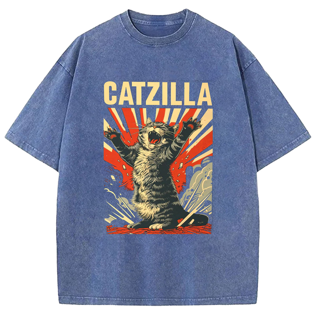 Catzilla Funny Design Washed Crew Neck T-Shirt