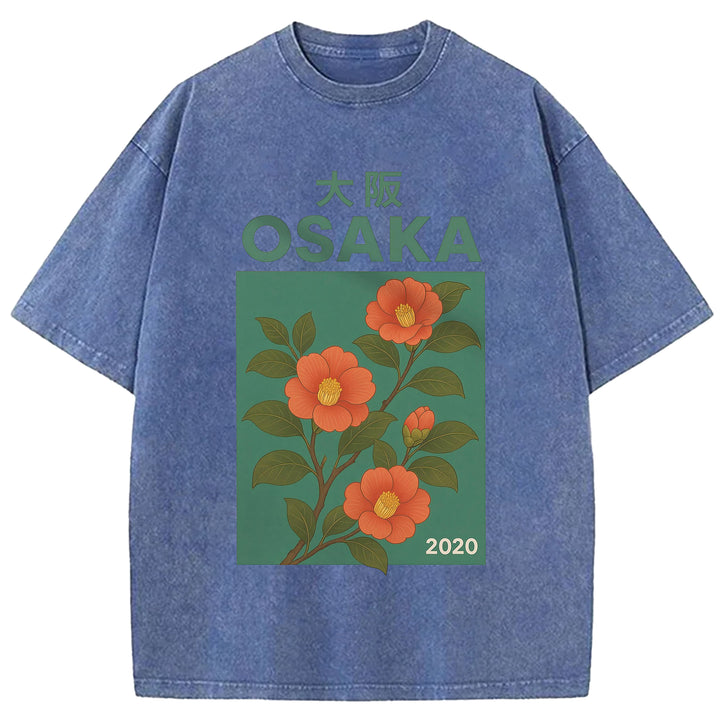 Osaka Flowers Design Washed Crew Neck T-Shirt
