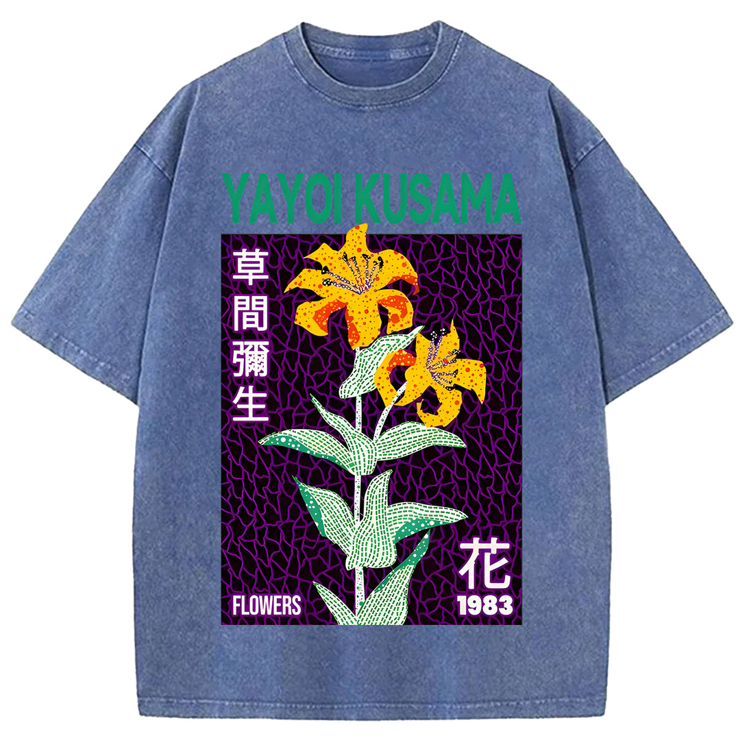 Yayoi Kusama Flowers Vintage Design Washed Crew Neck T-Shirt