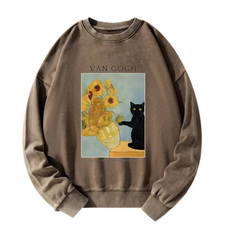 Black Cat With Sunflowers Washed Sweatshirt
