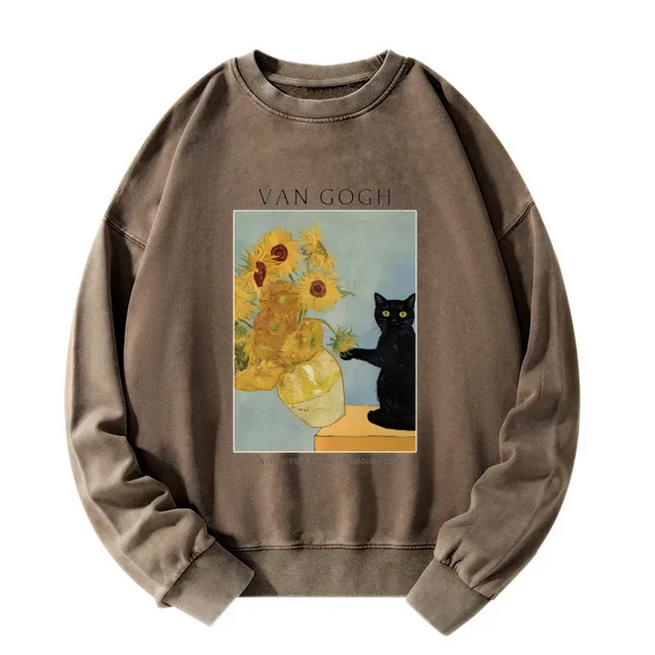 Black Cat With Sunflowers Washed Sweatshirt