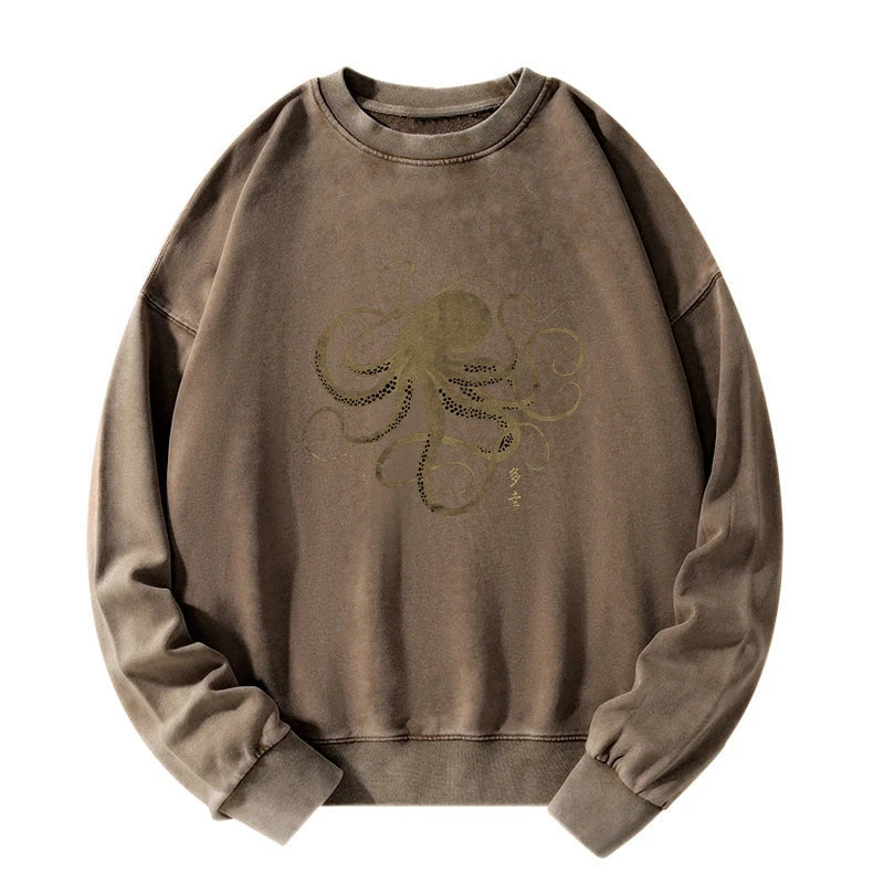Octopus Japanese Gold Print Tattoo Washed Sweatshirt
