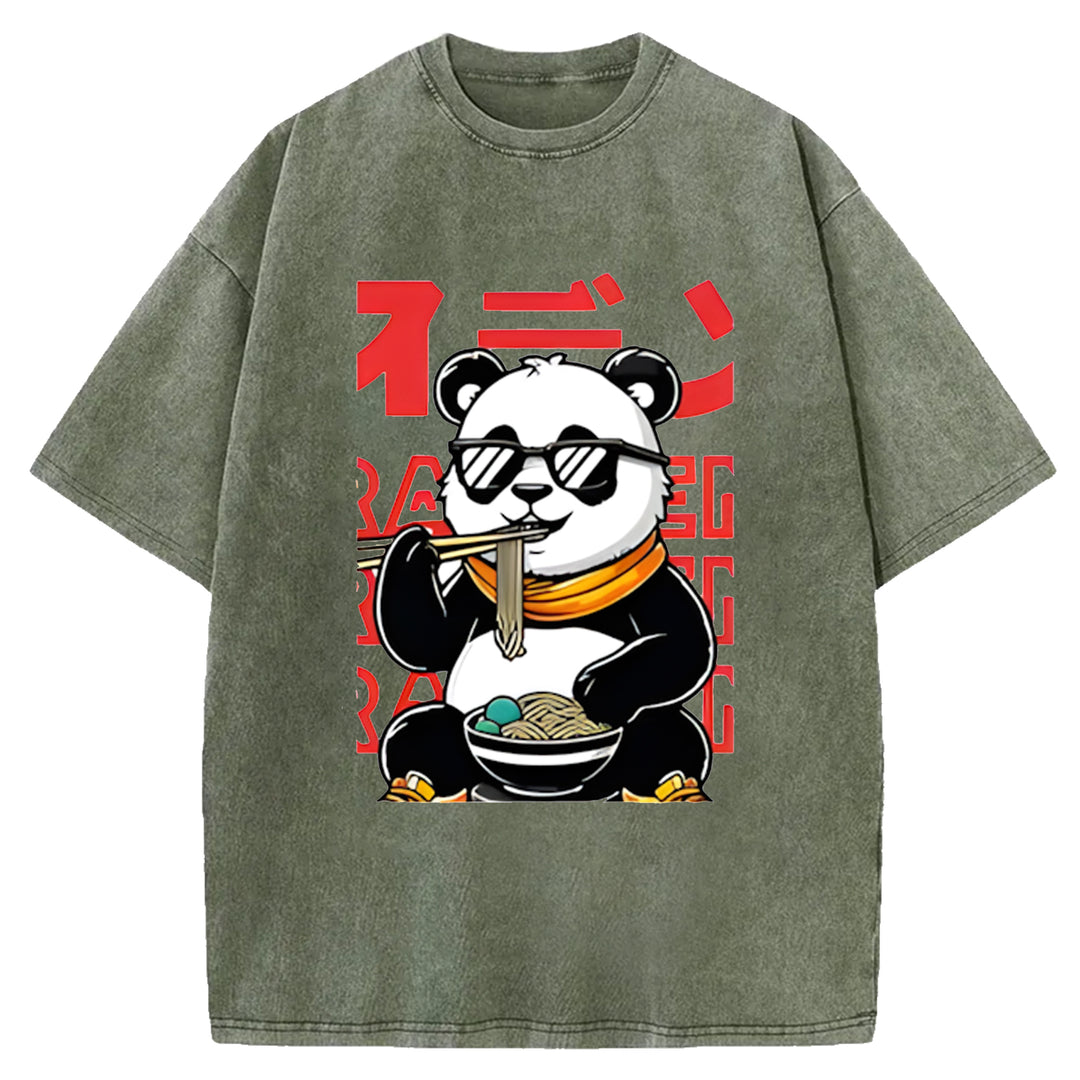 Panda Eating Ramen Wash Crew Neck T-Shirt