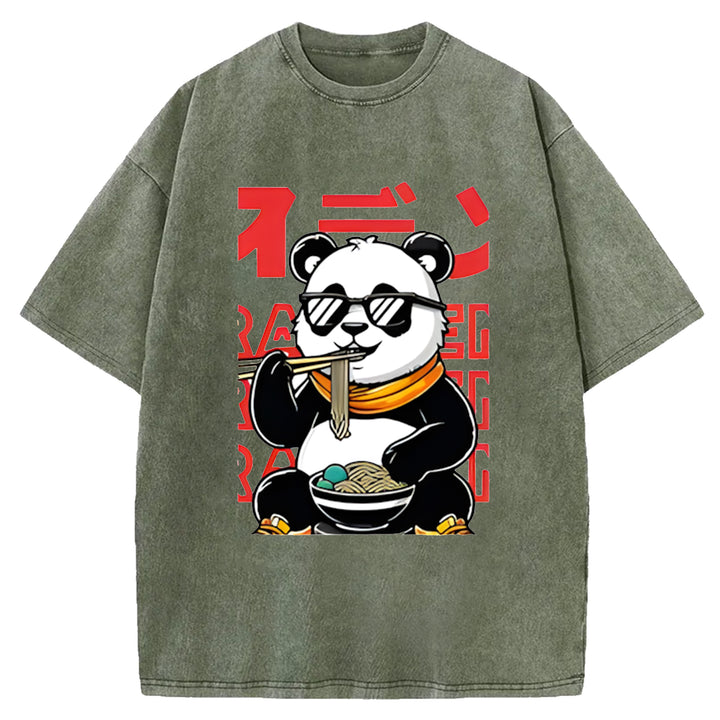 Panda Eating Ramen Wash Crew Neck T-Shirt