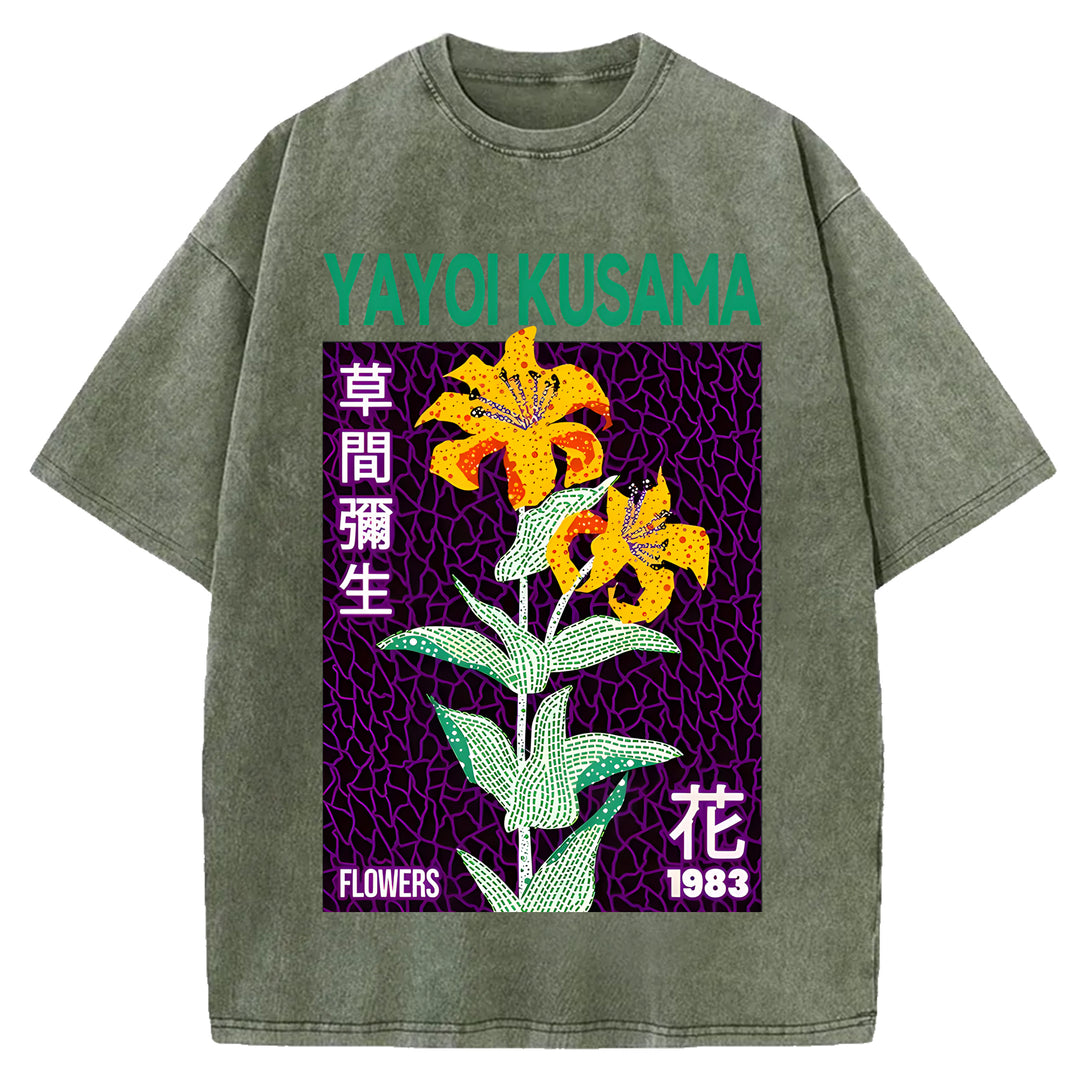 Yayoi Kusama Flowers Vintage Design Washed Crew Neck T-Shirt