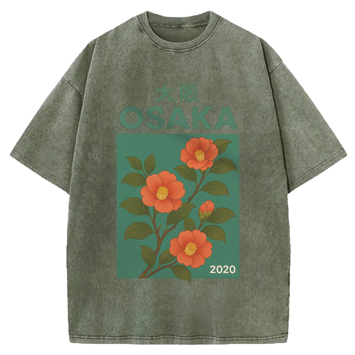 Osaka Flowers Design Washed Crew Neck T-Shirt