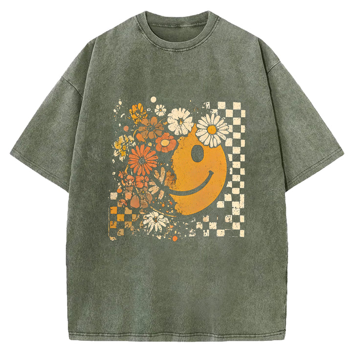 Smiley Face Floral Washed Crew Neck T-shirt