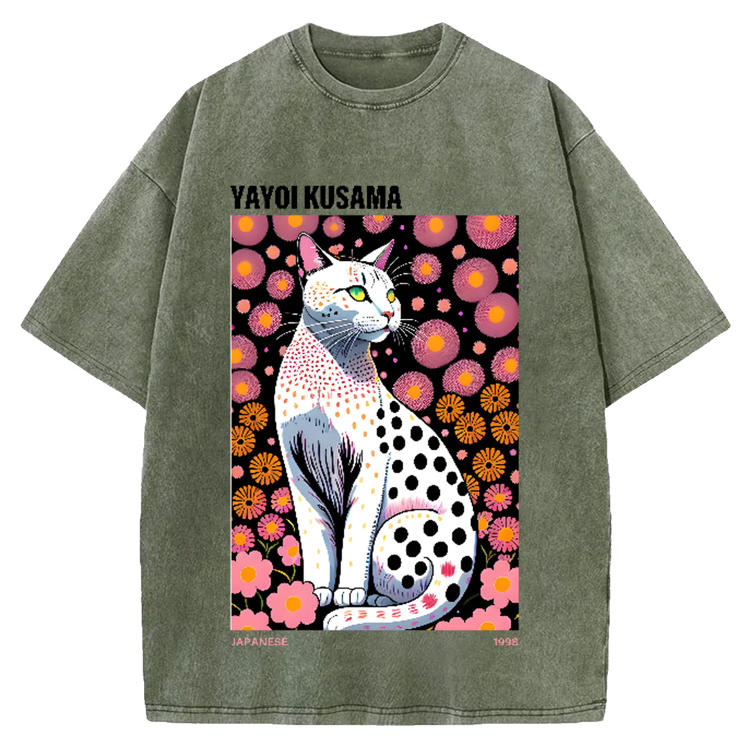 Yayoi Kusama Flower Vintage Japanese Design Washed Crew Neck T-Shirt