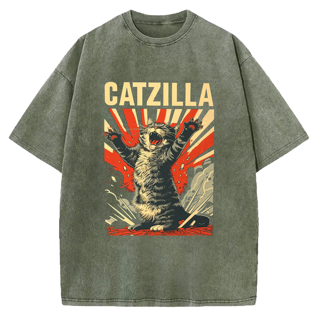 Catzilla Funny Design Washed Crew Neck T-Shirt