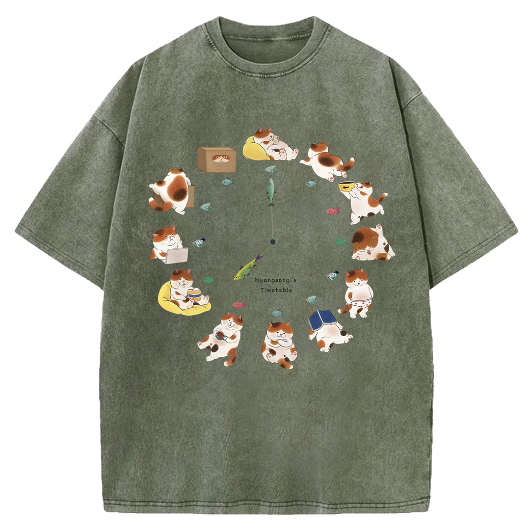 Cat Timetable Washed Crew Neck T-Shirt