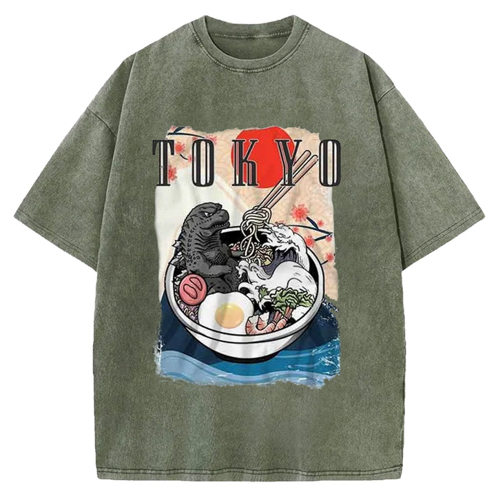 Godzilla Eats Japanese Ramen Washed Crew Neck T-Shirt