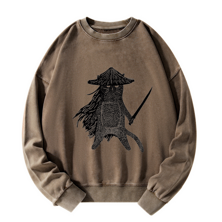 Japanese Samurai Cat Washed Sweatshirt