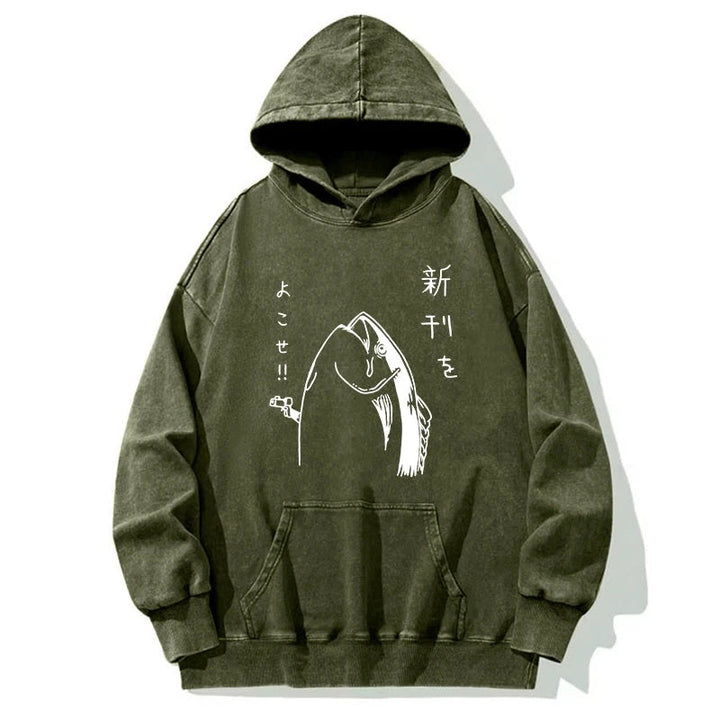 Japanese Fish Hold Up White Washed Hoodie