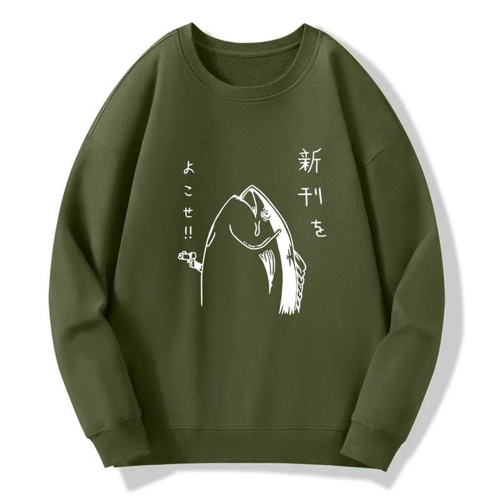 Japanese Fish Hold Up White Sweatshirt
