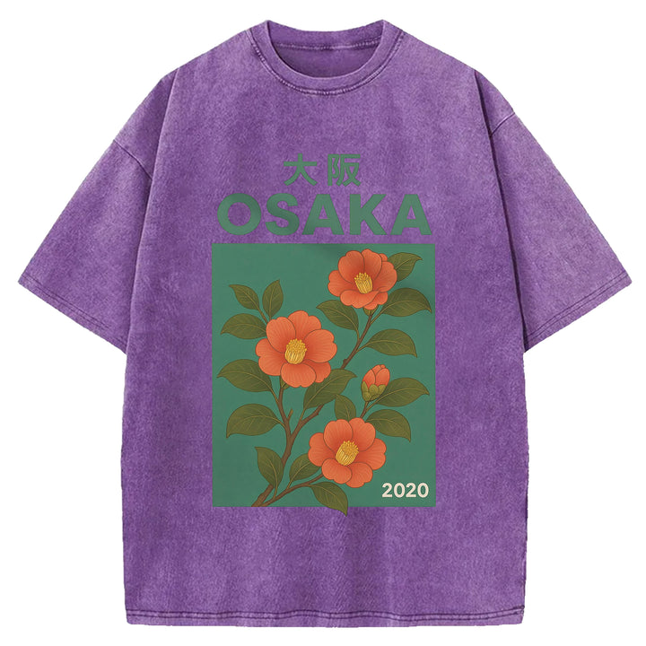 Osaka Flowers Design Washed Crew Neck T-Shirt