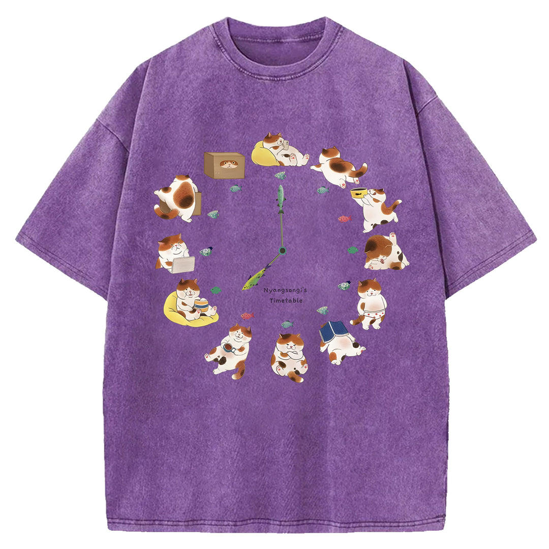 Cat Timetable Washed Crew Neck T-Shirt
