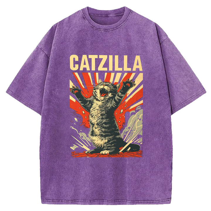 Catzilla Funny Design Washed Crew Neck T-Shirt
