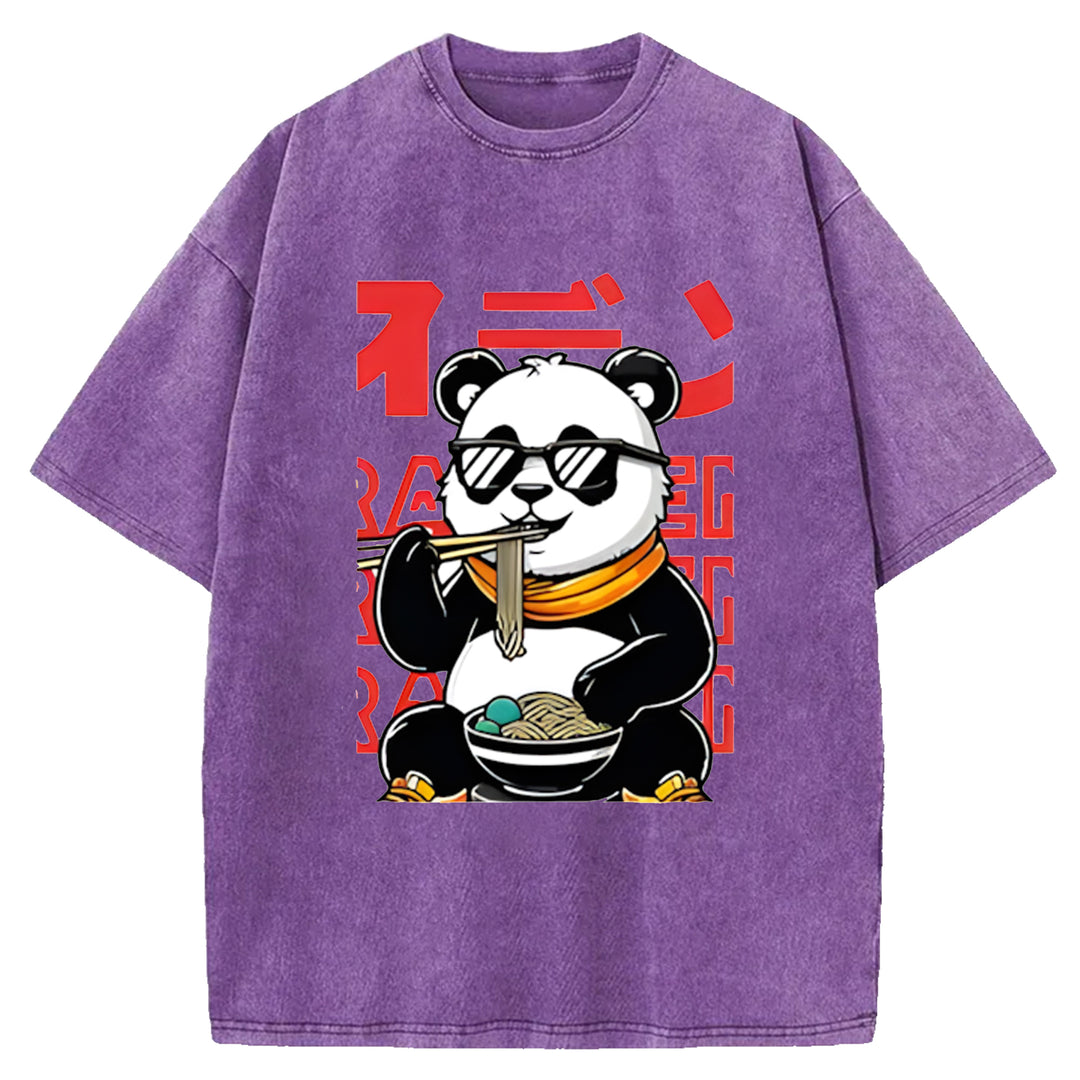 Panda Eating Ramen Wash Crew Neck T-Shirt