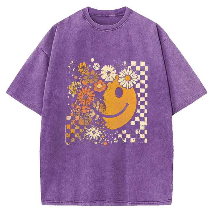 Smiley Face Floral Washed Crew Neck T-shirt
