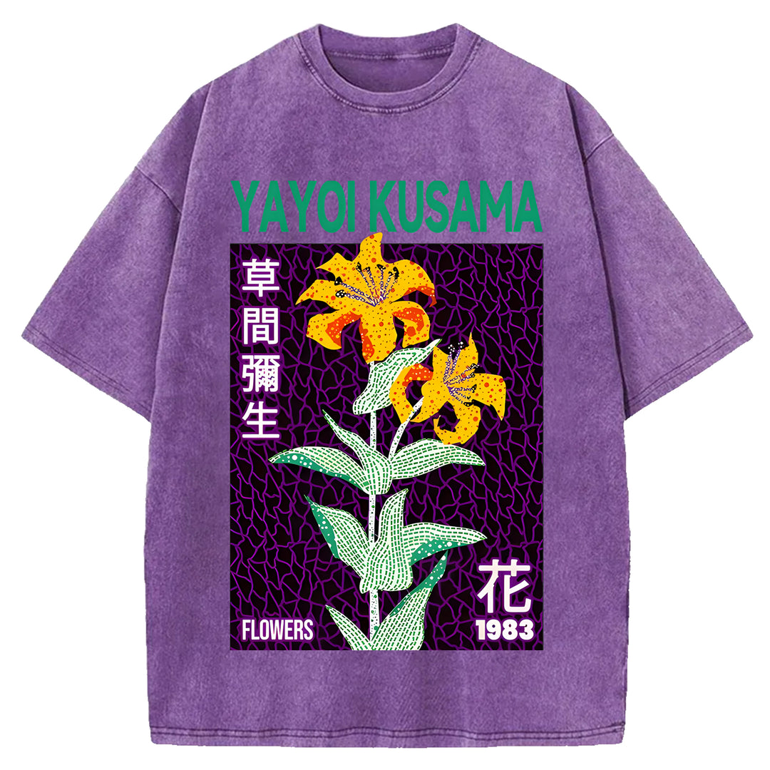 Yayoi Kusama Flowers Vintage Design Washed Crew Neck T-Shirt